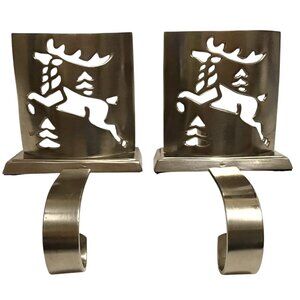Vtg Reindeer Christmas Stocking Hanger Holders Heavy Farmhouse Silvertone Set 2